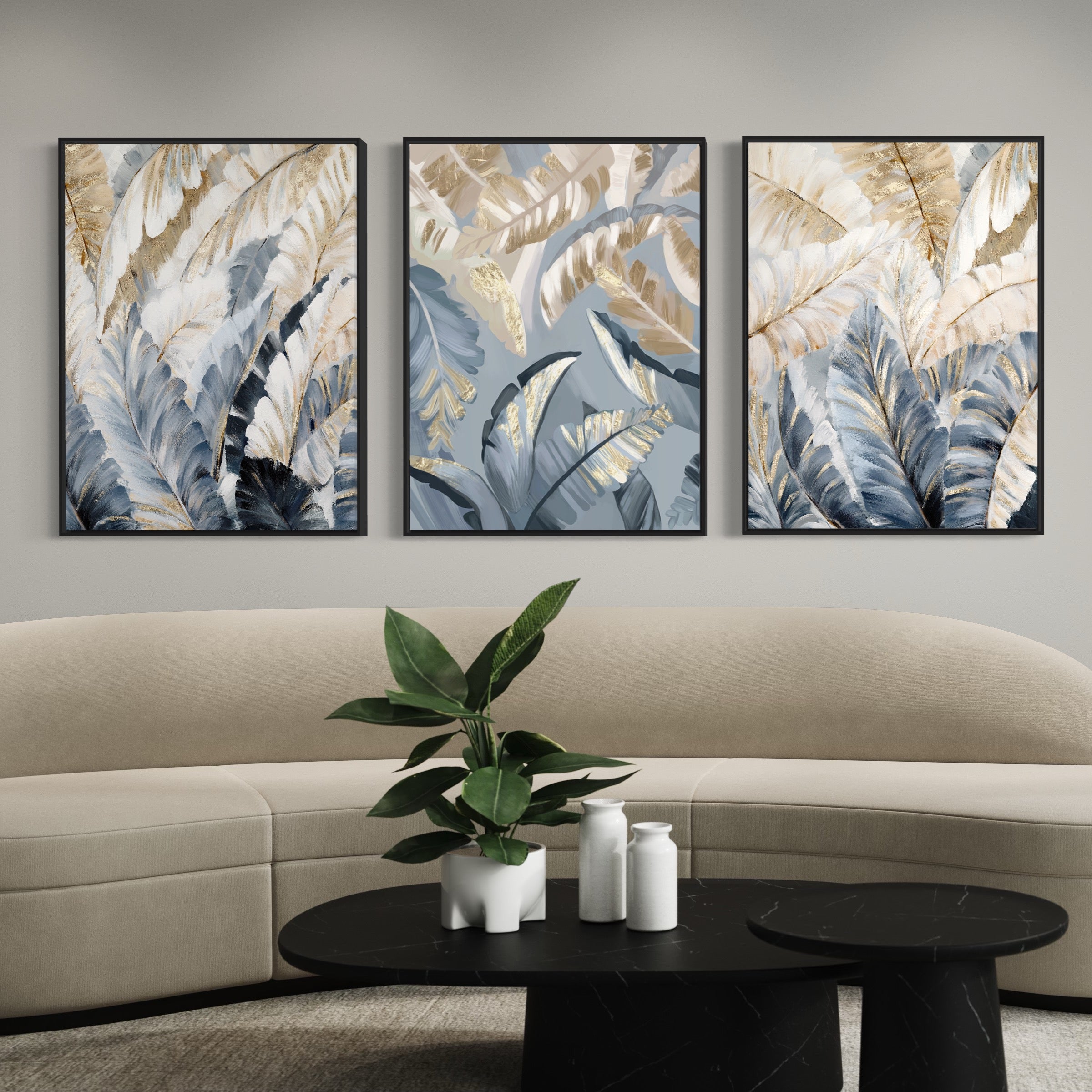 Obra de arte abstracto Blue Nature (Tríptico) óleo sobre lienzo Marte Gallery Llanogrande