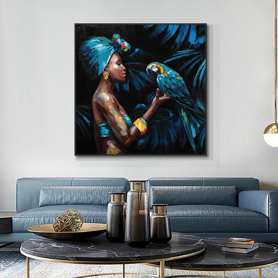 Obra de arte figurativo Blue Parrot óleo sobre lienzo Marte Gallery Llanogrande