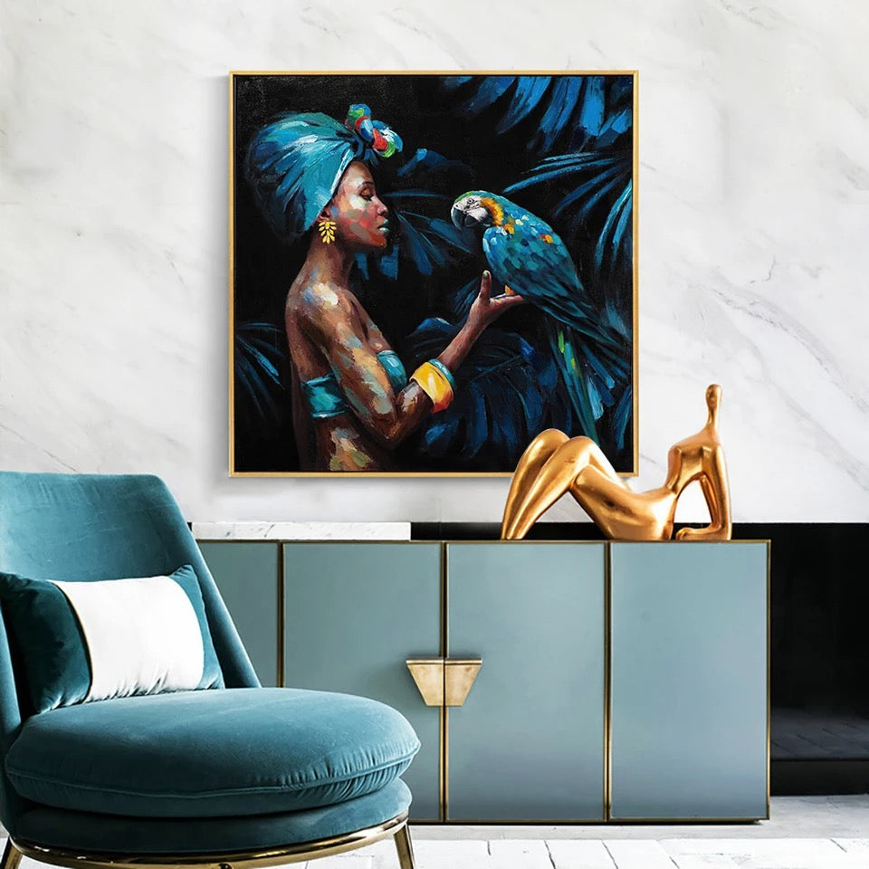 Obra de arte figurativo Blue Parrot óleo sobre lienzo Marte Gallery Llanogrande