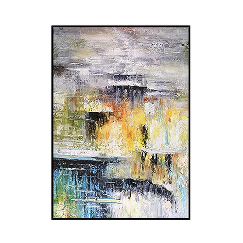 Cuadro abstracto Winter óleo sobre lienzo con texturas en azul gris y amarillo de Marte Gallery Llanogrande arte contemporáneo Colombia